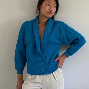 70s Jaeger wool cropped cardigan / vintage teal peacock blue wool shawl collar batwing sleeve cropped cardigan sweater | S 