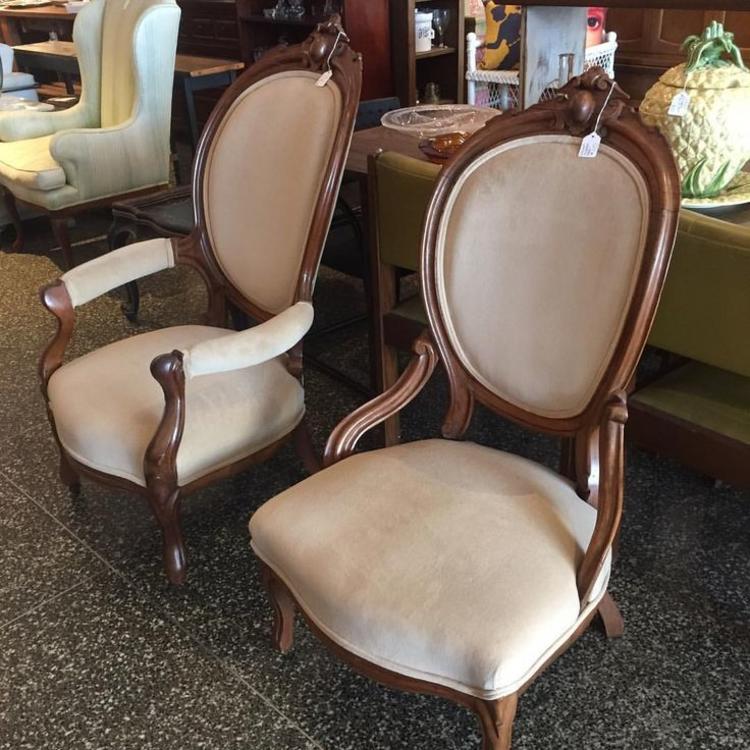 Two walnut Victorian chairs in beige/pink