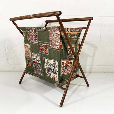 True Vintage Knitting Basket Sewing Bag 1950s 1960s Fabric Crocheting Bag Rack Magazine Kit Box Autumn Orange Folding MCM Mid-Century Modern 