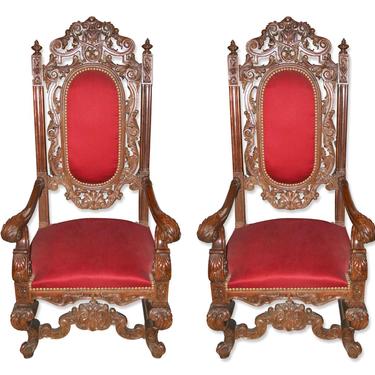 Late 19th Century Pair of Italian Carved Walnut Chairs with Red Upholstery