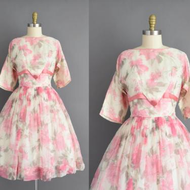 vintage 1950s dress | Beautiful Pink Floral Print Chiffon Cupcake Full Skirt Party Dress | Medium | 50s vintage dress 