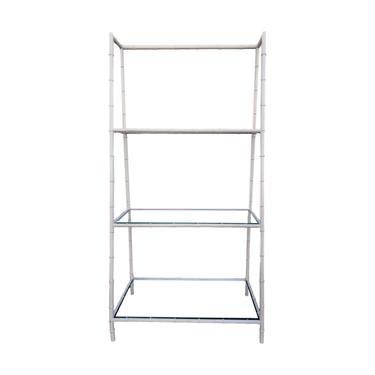 Faux Bamboo Etagere 3 Shelf Tapered Ladder Style White Aluminum Shelving Unit Free-Standing Metal and Glass Shelf Display Unit ~ VVH VINTAGE 