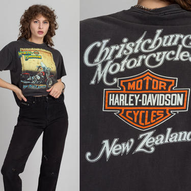 Vintage 1991 Christchurch Harley Davidson T Shirt - Men's Medium | 90s Unisex Black New Zealand Motorcycle Graphic Souvenir Tee 