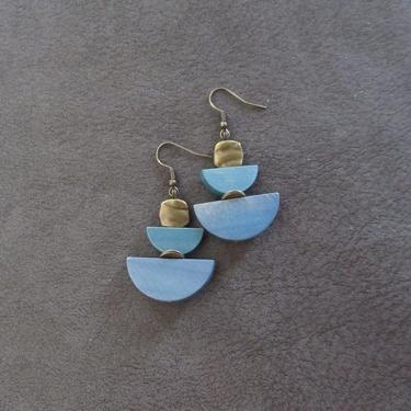 Wooden earrings, blue and bronze geometric dangle earrings, mid century modern earrings, bold statement earrings, unique earrings 