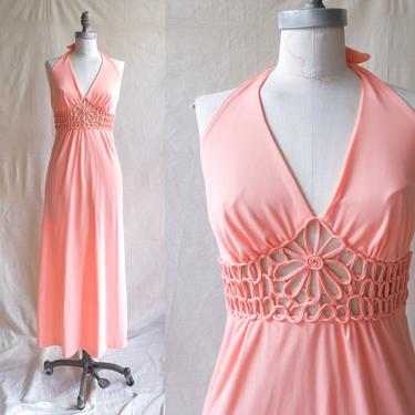 Vintage 70s Peach Halter Dress/ 1970s Cut Out Creamsicle Backless Maxi Dress/ Sprint Summer/ Size Small 