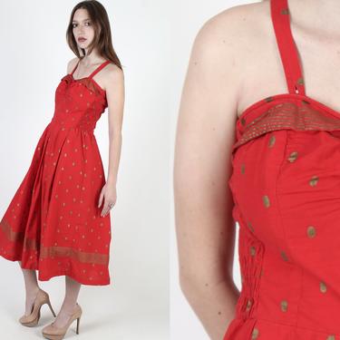1950s Gold Polka Dot Dress, Red Spotted Full Skirt Dress, Vintage 50s Full Circle Skirt Dress / Womens Cotton Midi Dress 