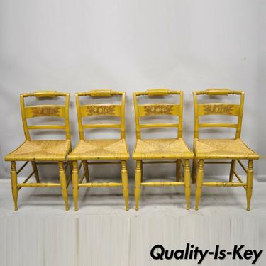 L. Hitchcock Yellow Stenciled Rush Seat Dining Side Chairs - Set of 4