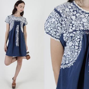 Navy Blue White Embroidered Womens Oaxacan Mini Dress 