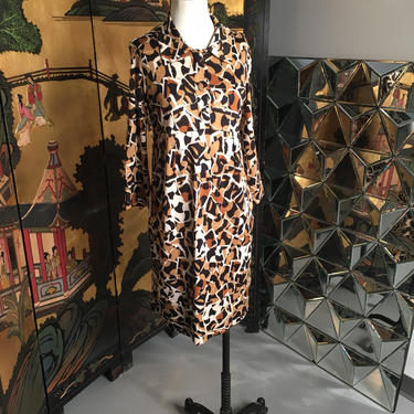 Diane von Furstenberg 100% SILK Designer Dress Sz 8 Collar Shirtdress ABSTRACT Leopard Print Tiger Stripe Cheetah Spots Safari Jungle Cat 