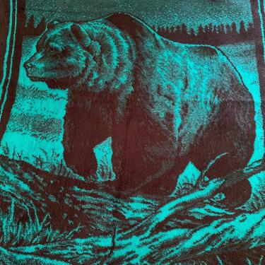 Vintage Blue San Marcos Blanket Grizzly Bear Black Teal Mountain Reversible 