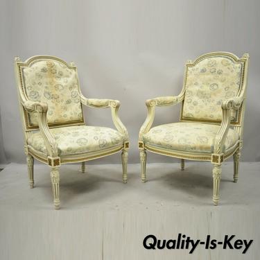 Vintage French Provincial Louis XVI Cream Painted Fauteuil Arm Chairs - a Pair