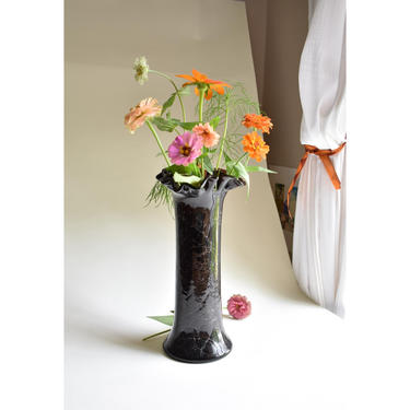 Vintage 12&amp;quot; Purple Crackle Glass Vase w/ Crimped Edging | Deep Amethyst Black | Blenko/Fenton? | Heavy &amp; Beautiful | Tall Floral Arrangement 