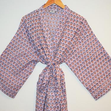 Hand Block Printed Kimono Robe, Dressing Gown, India Wood Blocks, Lightweight Cotton Bathrobe, Short Robe, Summer Kimono, Purple Floral Robe 