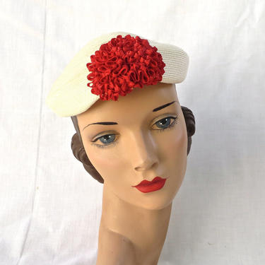 Vintage 1950's Ivory Creme Pillbox Hat with Red Pompom Velvet Ribbon 50's Millinery Spring Summer 
