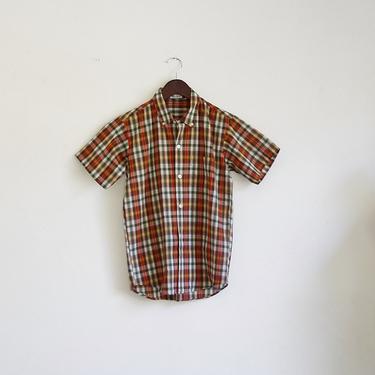 Vintage Mens Plaid Shirt, Collared Button Down Shirt, Short Sleeve Men's Shirt, Small 
