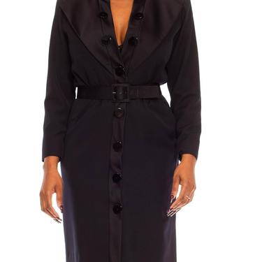 1980S Yves Saint Laurent Black Wool Belted Shirt Dress With Satin Tuxedo Style Lapel 