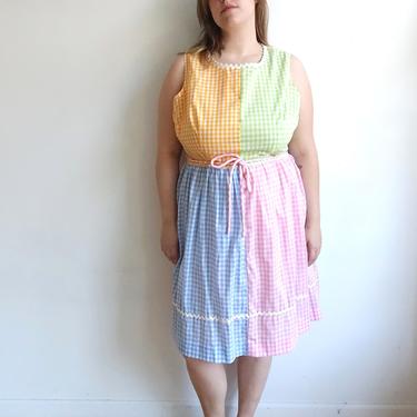 Vintage 60s Color Block Gingham Dress/ 1960s Pastel Colorful Cotton Day Dress/ Plus Size XXL 40 Waist 