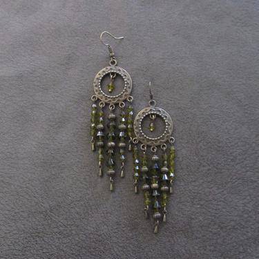 Chandelier earrings, green crystal and bronze gypsy earrings, boho earrings, long ethnic tribal earrings, bohemian unique princess 