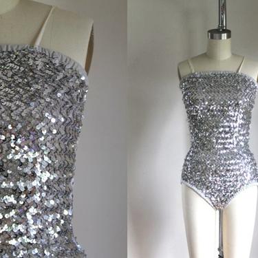 vintage 1950s Silver Sequined Dance Costume / S 