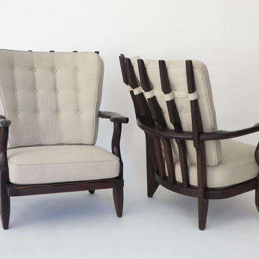 Pair of Guillerme et Chambron French Oak and Linen Lounge Chairs Model Petit Repos