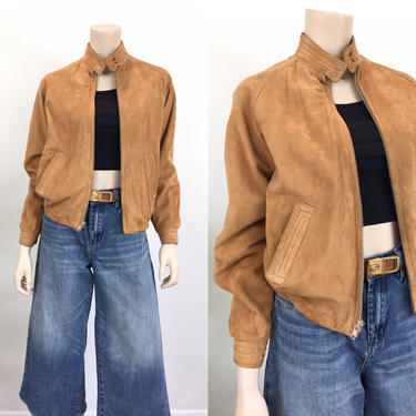 Vintage Camel Suede Leather Zip Front Members Only / Bomber Style Leather Jacket 