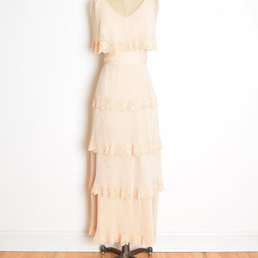 vintage 70s dress MISS ELLIETTE nude blush pleated tiered chiffon lace long maxi gown M L clothing 