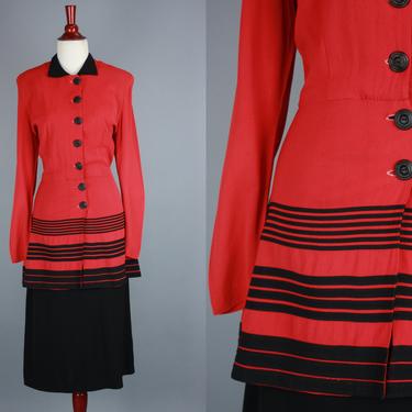 1940s Two Tone Dress | Vintage 40s Red &amp; Black Color Block Dress with Striped Peplum | xl 
