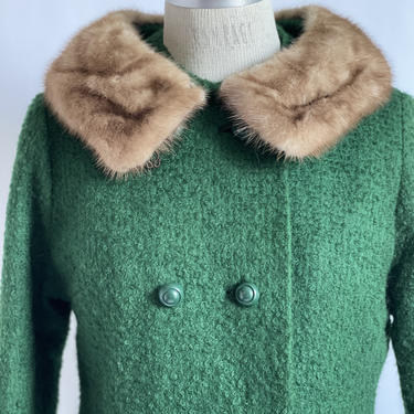 Emerald Green Boucle Coat 1960's with Mink Collar 