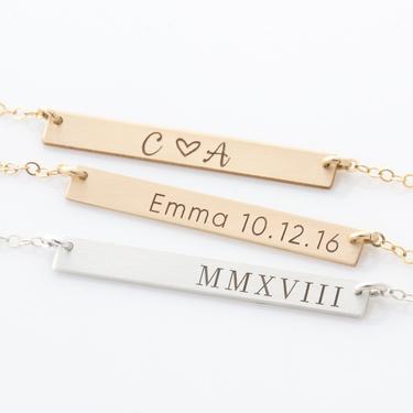 Personalized Skinny Bar Necklace/ Gold Filled Custom Hand Stamped Necklace/ Personalized Jewelry/Sterling Silver/Gift for Wife/Date Necklace 