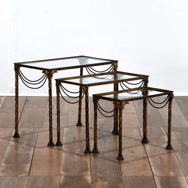 Set Of 3 Hollywood Regency Nesting Tables W Glass Top