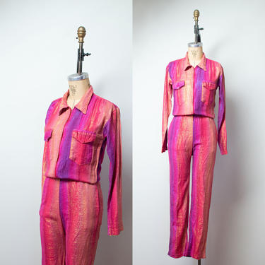 1980s Ombre Lurex Jumpsuit / 70s 80s Indian Cotton Metallic Jumpsuit 