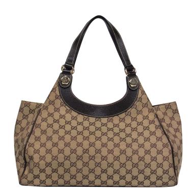 Gucci - Beige Monogram Print Shoulder Bag w/ Leather Trim