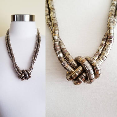 Vintage Double Strand Knot Necklace / Metal Bead Necklace / Long Statement Necklace / Brutalist Vintage Fashion Jewerly 