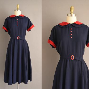 vintage 1950s dress | Adorable Navy Blue & Red Short Sleeve Gaberdine Dress | Large XL | 50s vintage dress 