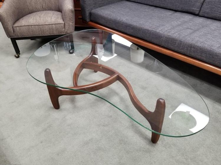 Mid-Century Modern amorphic shaped glass and walnut coffee table