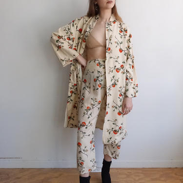 Vintage 40s Peach Tree Hand Painted Silk Set/ 1940s Japanese Jacket and Pants/ Pajamas Lounge/ Size Small 