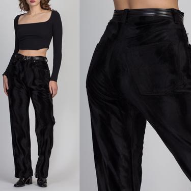 90s Wavy Marbled Black Velvet Pants - Large, 33&quot; | Vintage High Waisted Straight Leg Trousers 