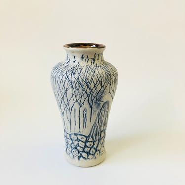 Vintage Blue and White Carved Studio Pottery Vase 