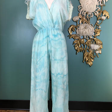 1980s jumpsuit, tied dyed cotton, grecian style, vintage 80s jumpsuit, crochet pants, size medium, barad & co, harem style, cream and green 