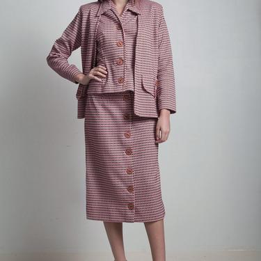 3-piece midi button down skirt suit cardigan jacket top set pink brown textured knit MEDIUM M 