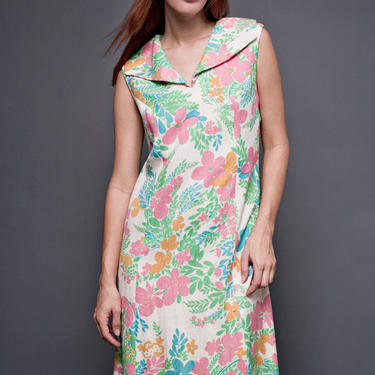 Shift Dress Wide Collar Floral Kaplan Couture A-Line Sleeveless V Neck  Vintage 70s M MEDIUM 