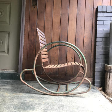 Vintage Pair Art Deco Lawn Patio Garden Tubular Metal Hoop Rocking Rocker Chair Porch Farmhouse 