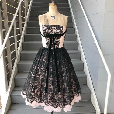 1950's Pink and Black Lace Prom Dress