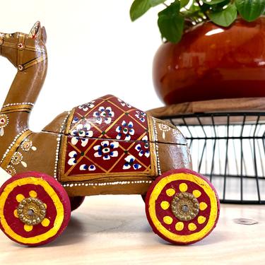 Vintage Folk Art Camel On Wheels, Figurine Spice Box 