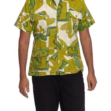 1960S Green  White Cotton Mens Tropical Safari Shirt Made In Hawaii 