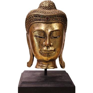 Quality Handcrafted Wood Gold Color Serene Peaceful Meditate Buddha Head On Stand n271S 
