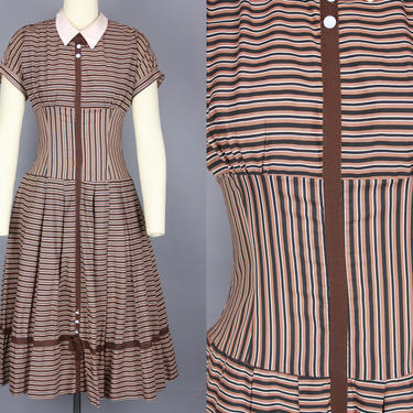 1950s STRIPED Day Dress | Vintage 50s Brown &amp; Black Cotton Dress with Fitted Torso and Full Skirt | small 