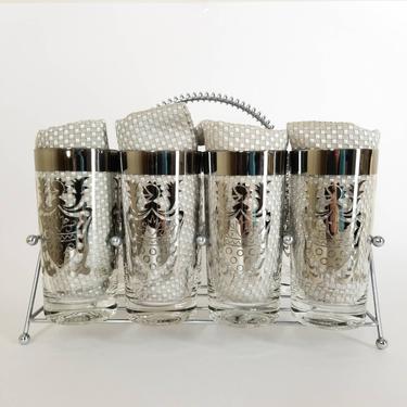 Vintage MCM Bar Glasses / Silver Mid Century Barware Tumblers / Kimiko Highball Glass Set of 8 with Wire Caddy / Cocktail Glass Barware Set 