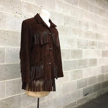 Vintage Suede Fringe Jacket 1970's Retro Womens Size Medium Dark Brown Long Sleeve Leather Coat with Faux Fur Lining and Button Closure 