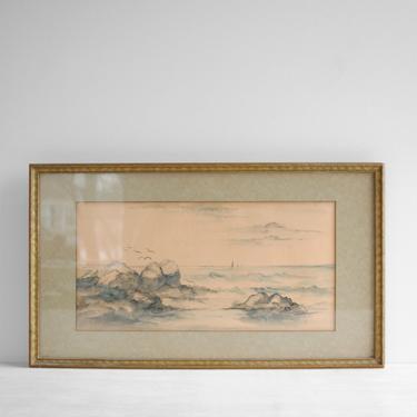 Vintage Ocean Watercolor Painting, Framed Seascape Painting in Blue and White 